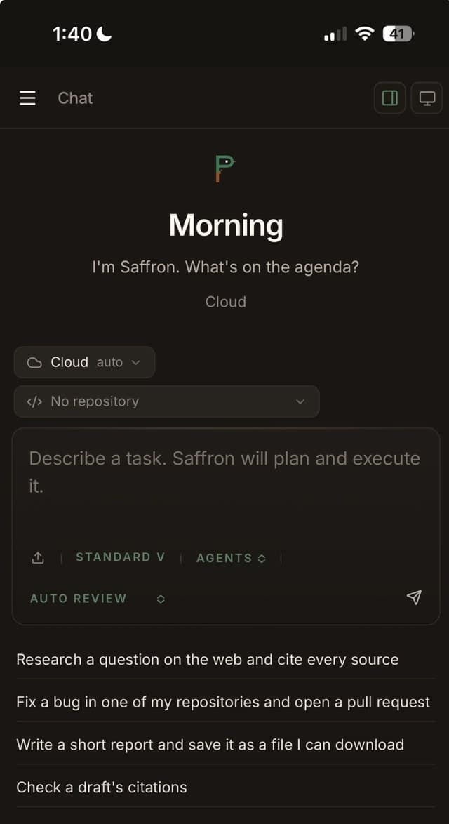 Perch Terminal on an iPhone, set to run in the Cloud, with a repository picker and a box to describe the task