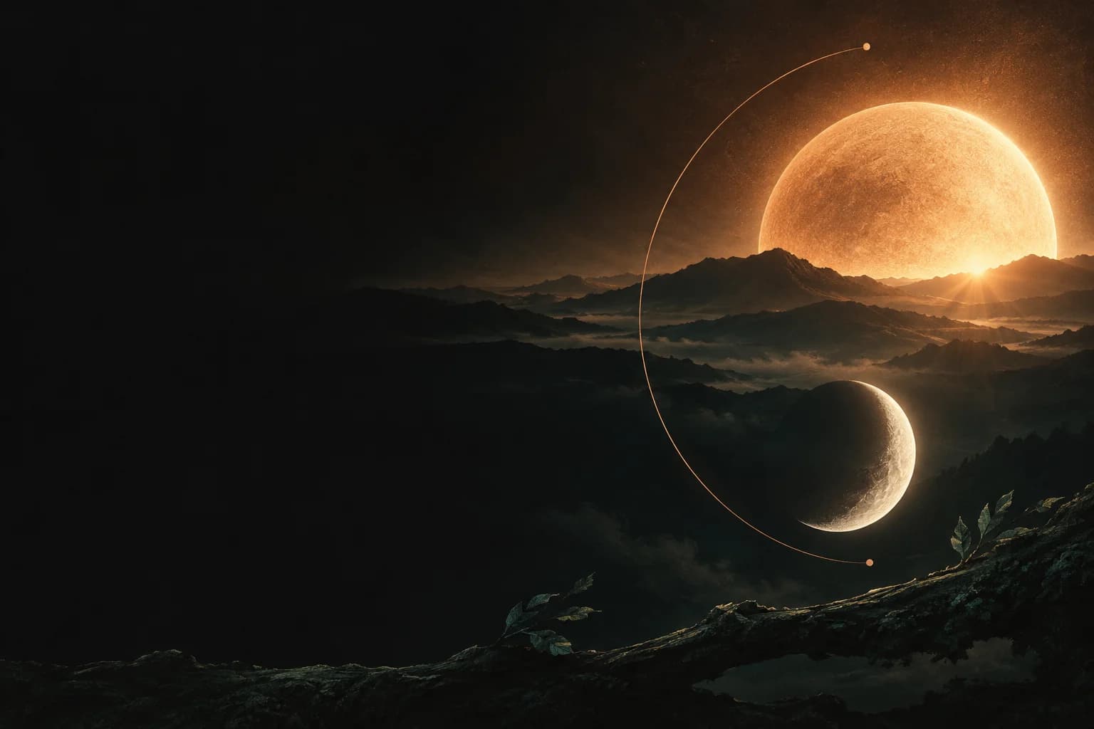 A copper sunrise and ivory crescent moon above a dark Perch-inspired landscape.