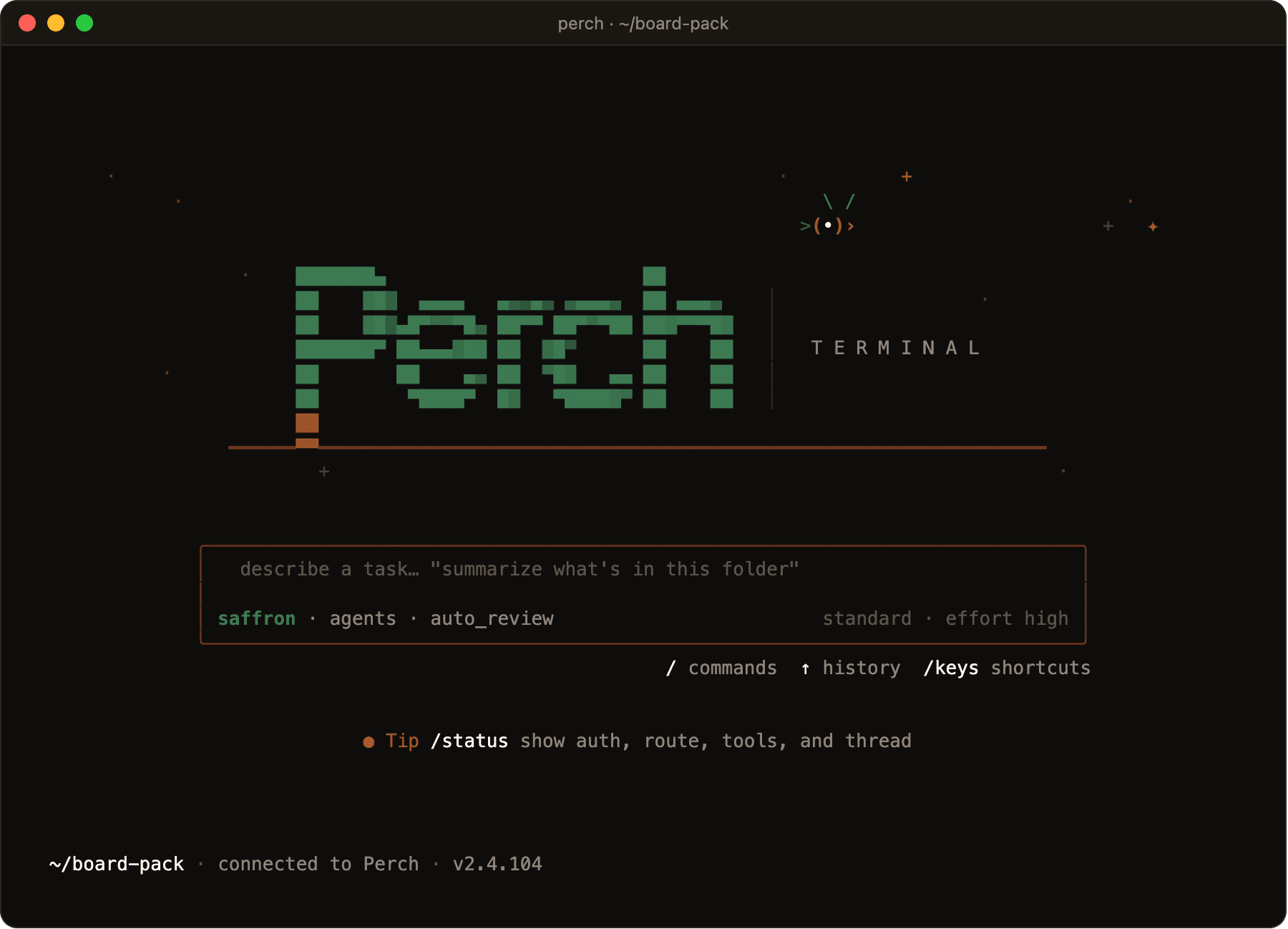 Layar beranda Perch CLI di terminal