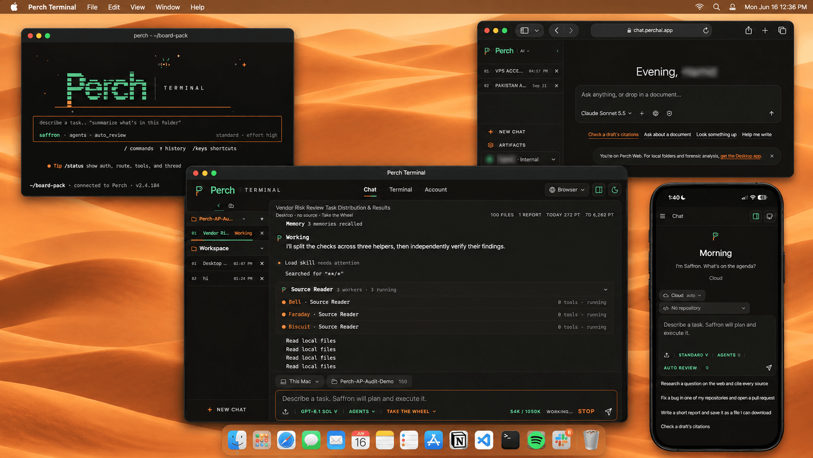 Aplikasi desktop Perch Terminal di latar depan pada Mac, dengan Perch CLI, Perch AI di web, dan tampilan ponsel di sampingnya
