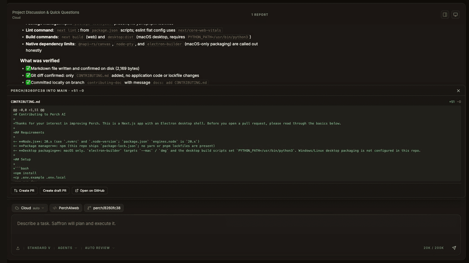The real Perch cloud run's Changes panel: CONTRIBUTING.md added on branch perch/8260fc38, with 51 added lines and no deletions