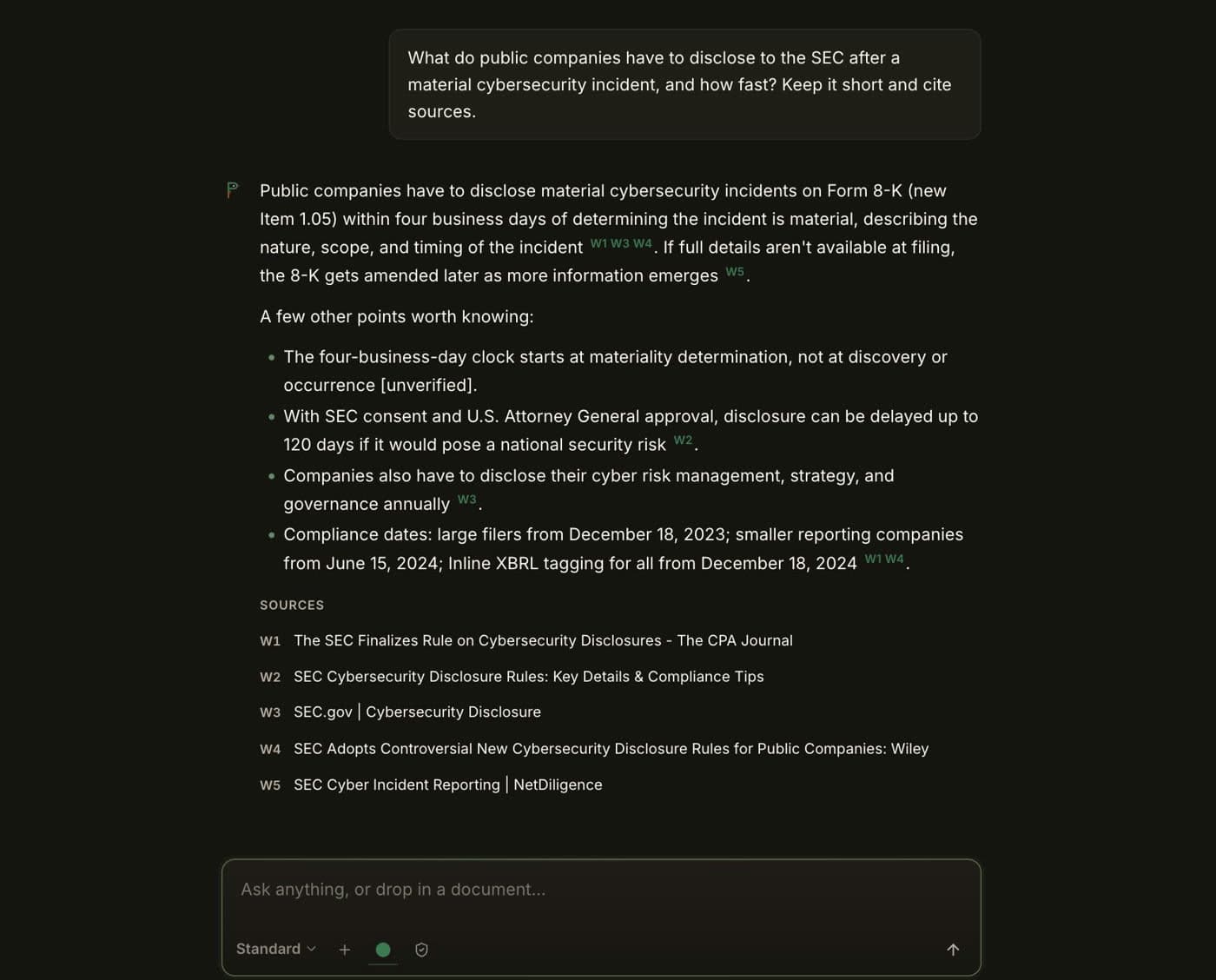 Perch AI di web menjawab pertanyaan tentang pengungkapan SEC dengan lima sumber bernomor dan satu klaim yang ditandai belum terverifikasi